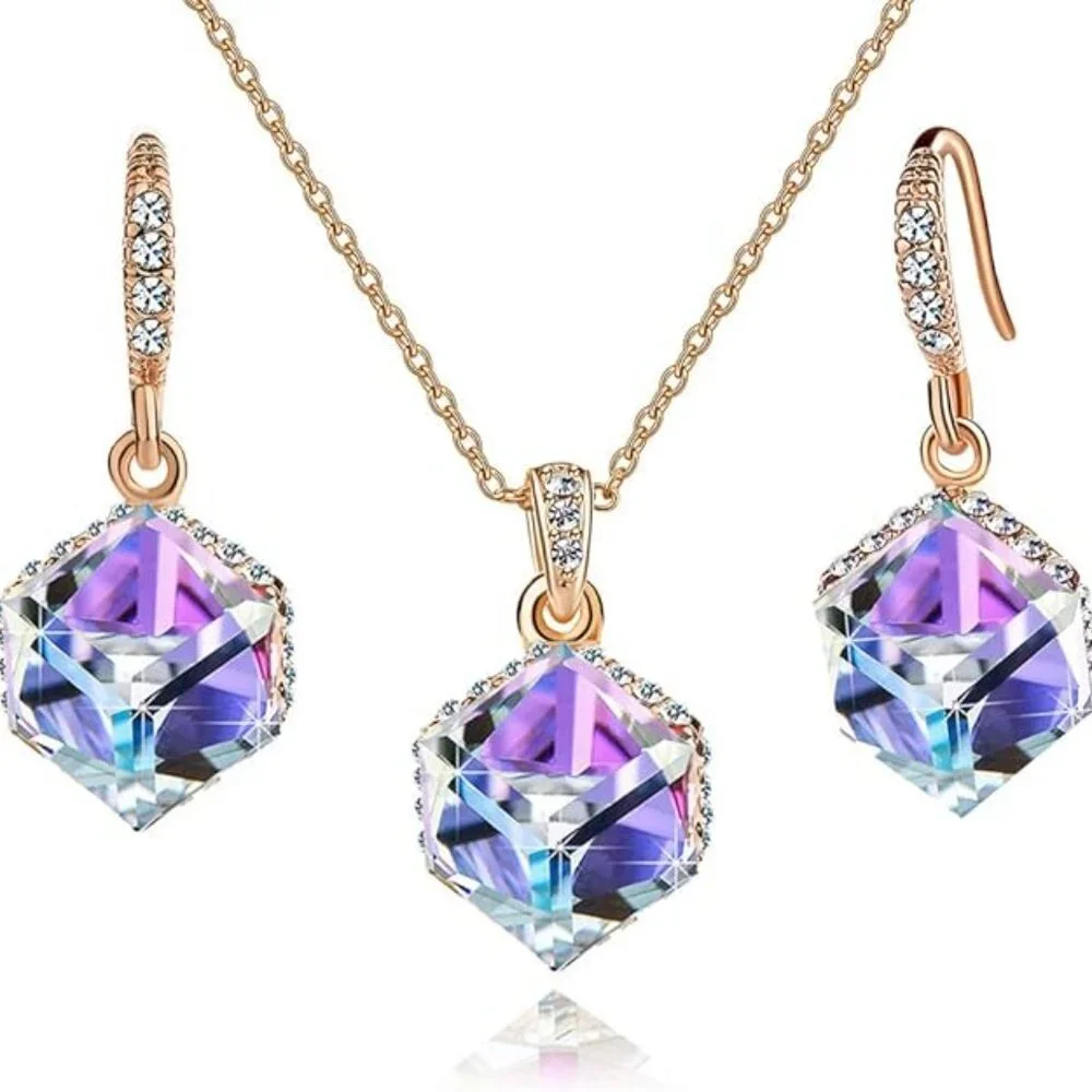New Colorful Cubic Austrian Crystal Pendant Necklace Earrings for Women … - Picture 9 of 9